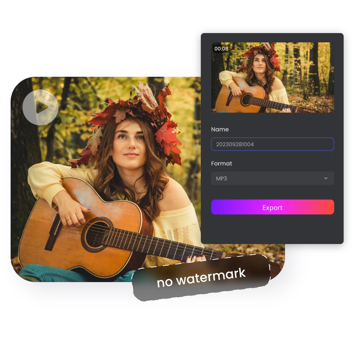 Export a video of a woman with a maple leaf wreath on her head playing a guitar without watermarks