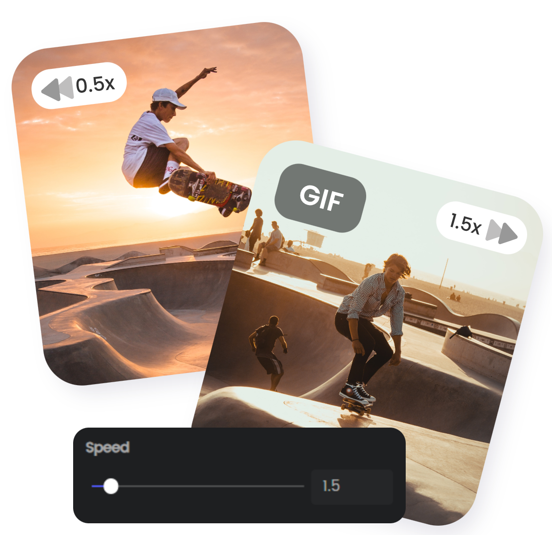 drag the speed slide or input parameters to change the speed of a gif of a skateboard boy