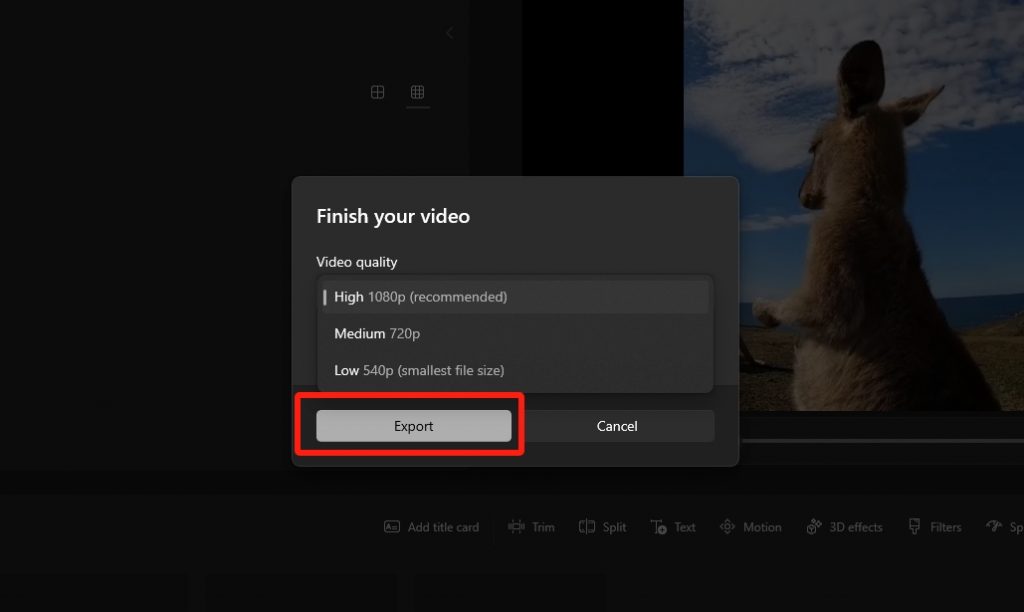 choose the output video quality and export a video