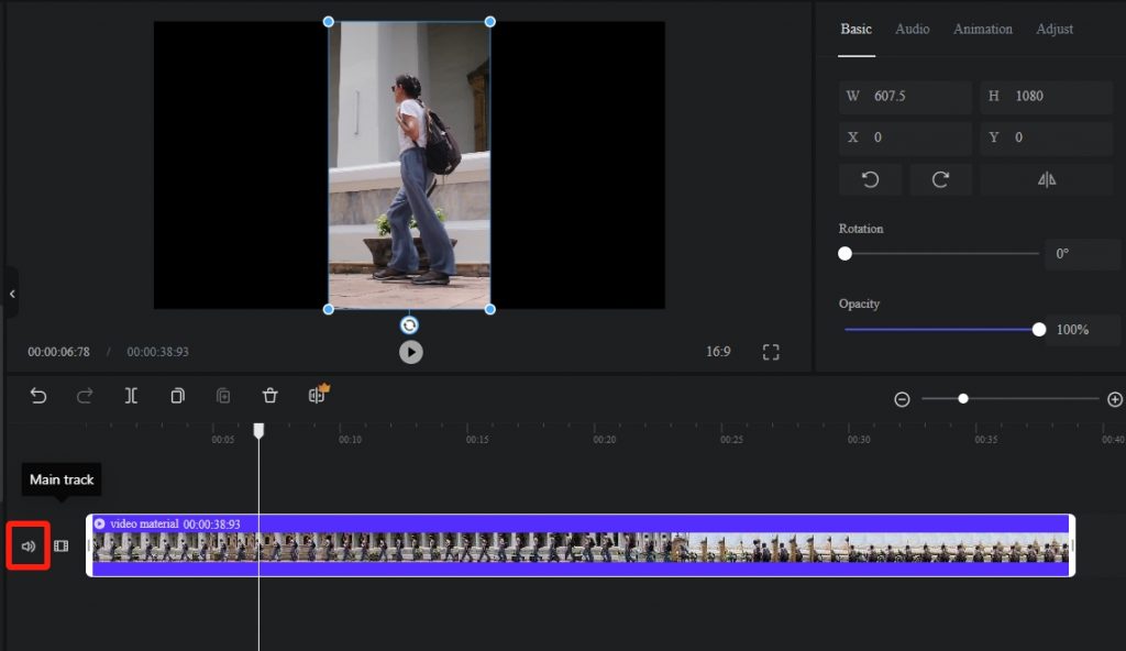 the audio icon on the video main track in Clipfly video editor