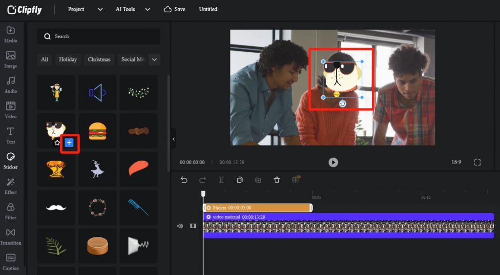 add a cute cartoon dog sticker on a face of a video using Clipfly