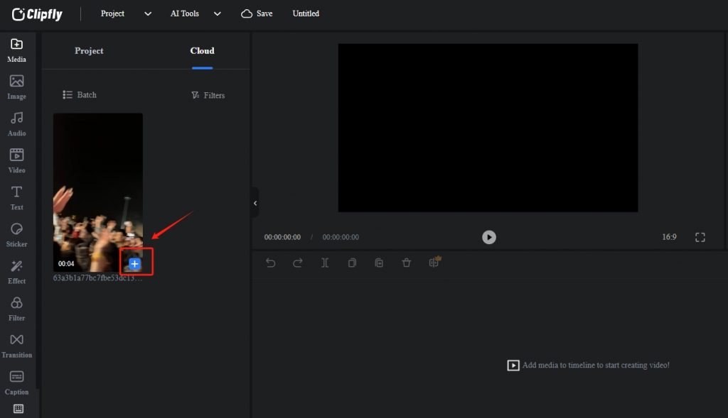 click on the blue + icon to add a vertical video to the timeline in Clipfly video editor
