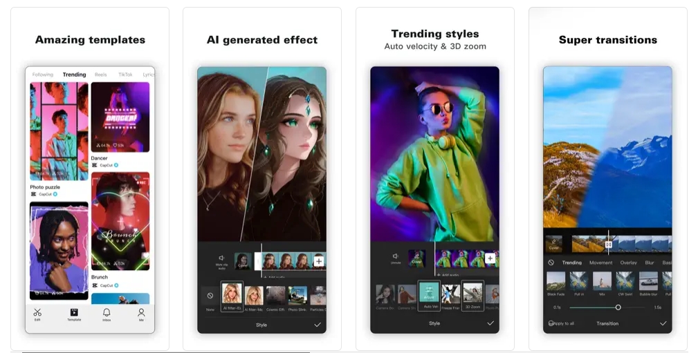 feature screenshots of the capcut app
